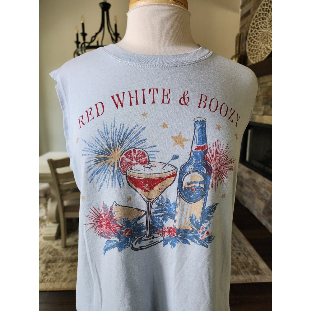 Wildfox Red White & Boozy Muscle Tank Top XL Light Blue Patriotic 4th‎ of July